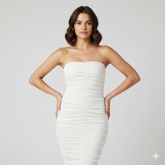 Pretty Little Thing Women's Midi Dress Tube Ruched Side Strapless White Draped - Picture 1 of 12